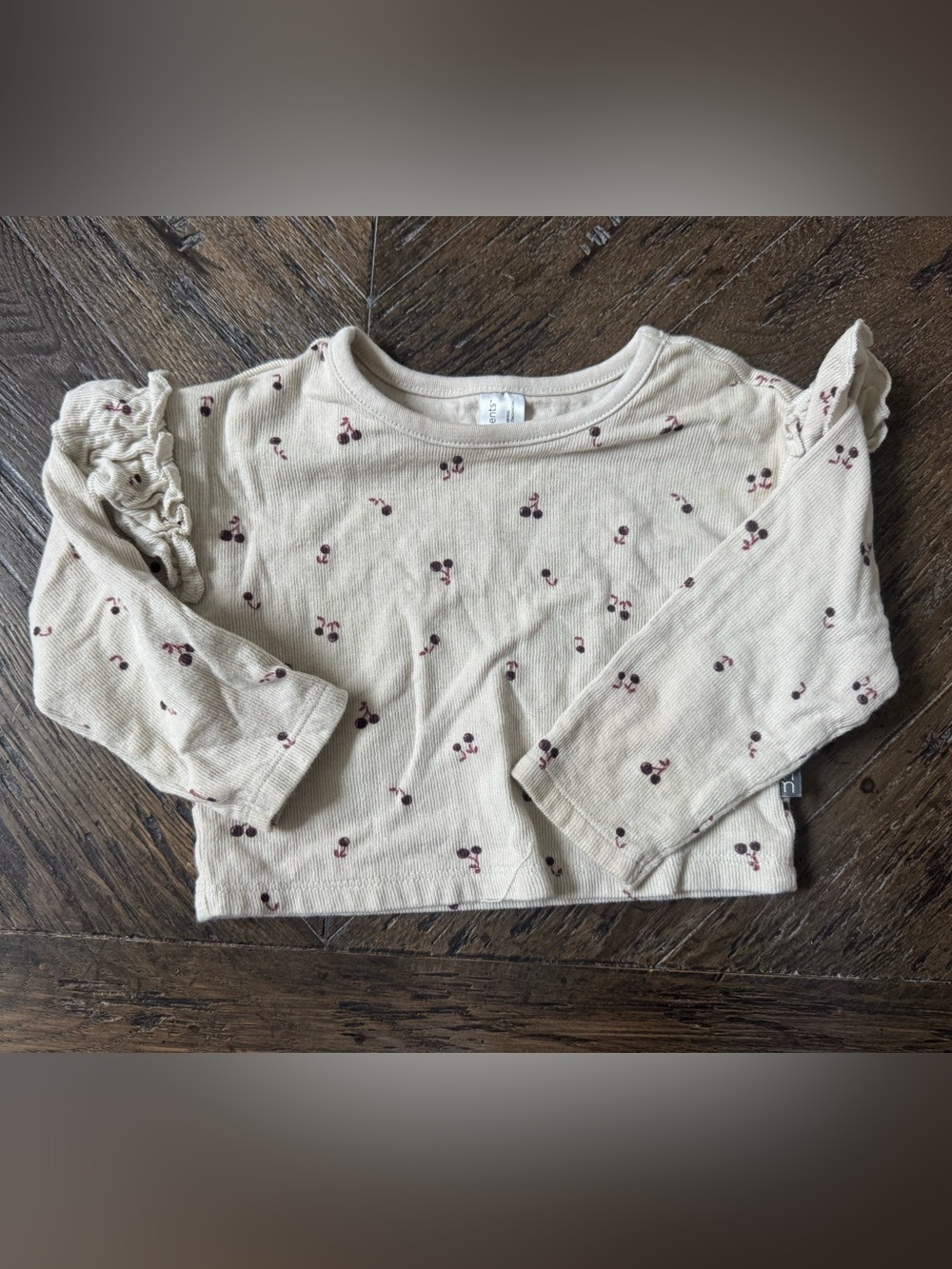 Modern Moments Cream Long-Sleeve Top with Cherry Print and Ruffle Shoulders